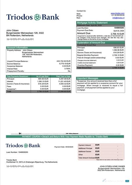 Download Netherlands Triodos Bank mortgage statement Word and PDF template Photoshop template
